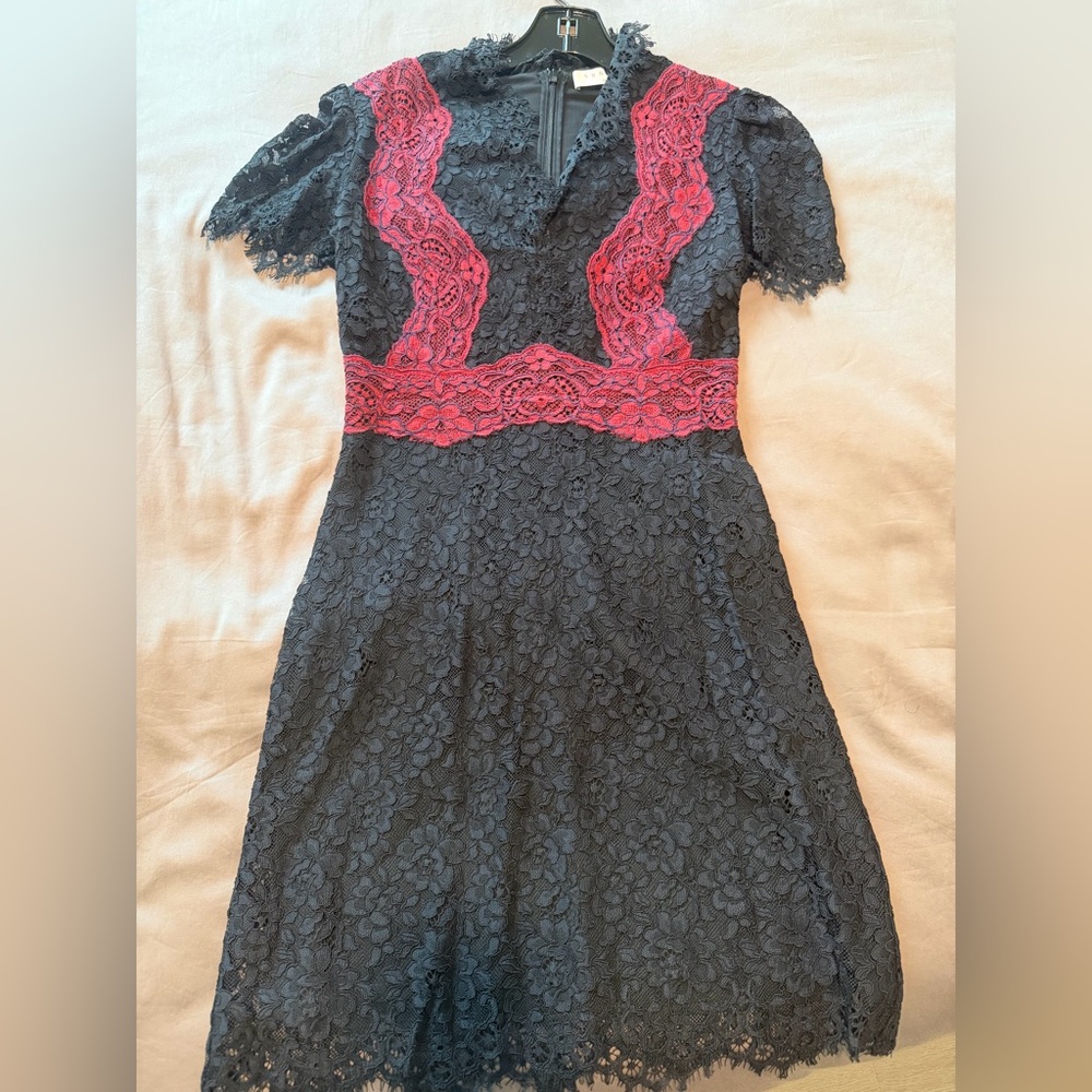 Sandro Black Lace Dress with Red Details